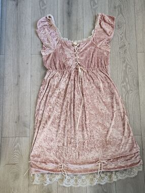 Vtg 90s Ren Faire Pink Crushed Velvet Lace Corset Dress Size L/XL Fairycore